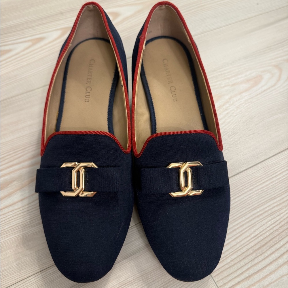 Navy Shoes with Red Trim and Gold Accent